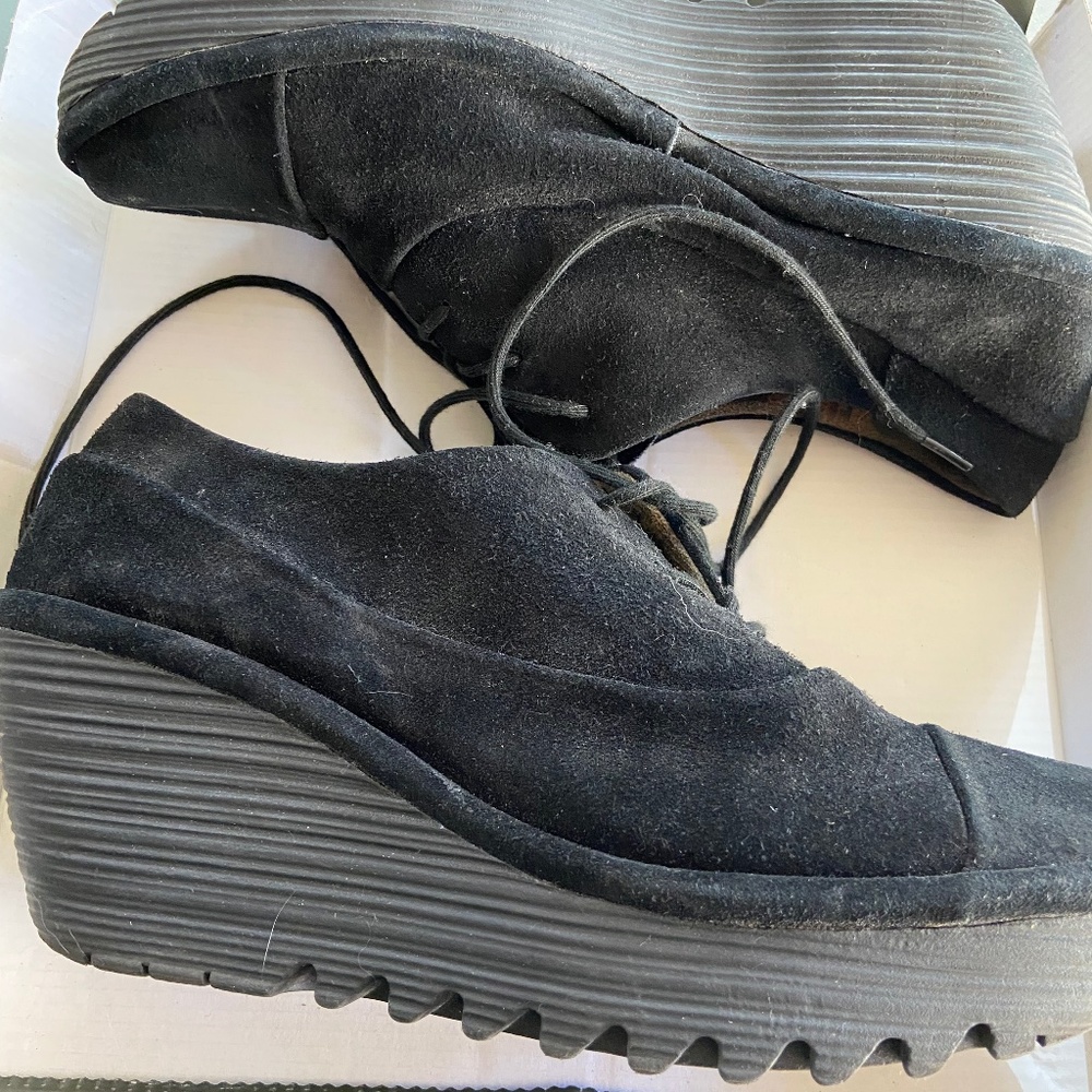 Fly London black suede wedges size 40